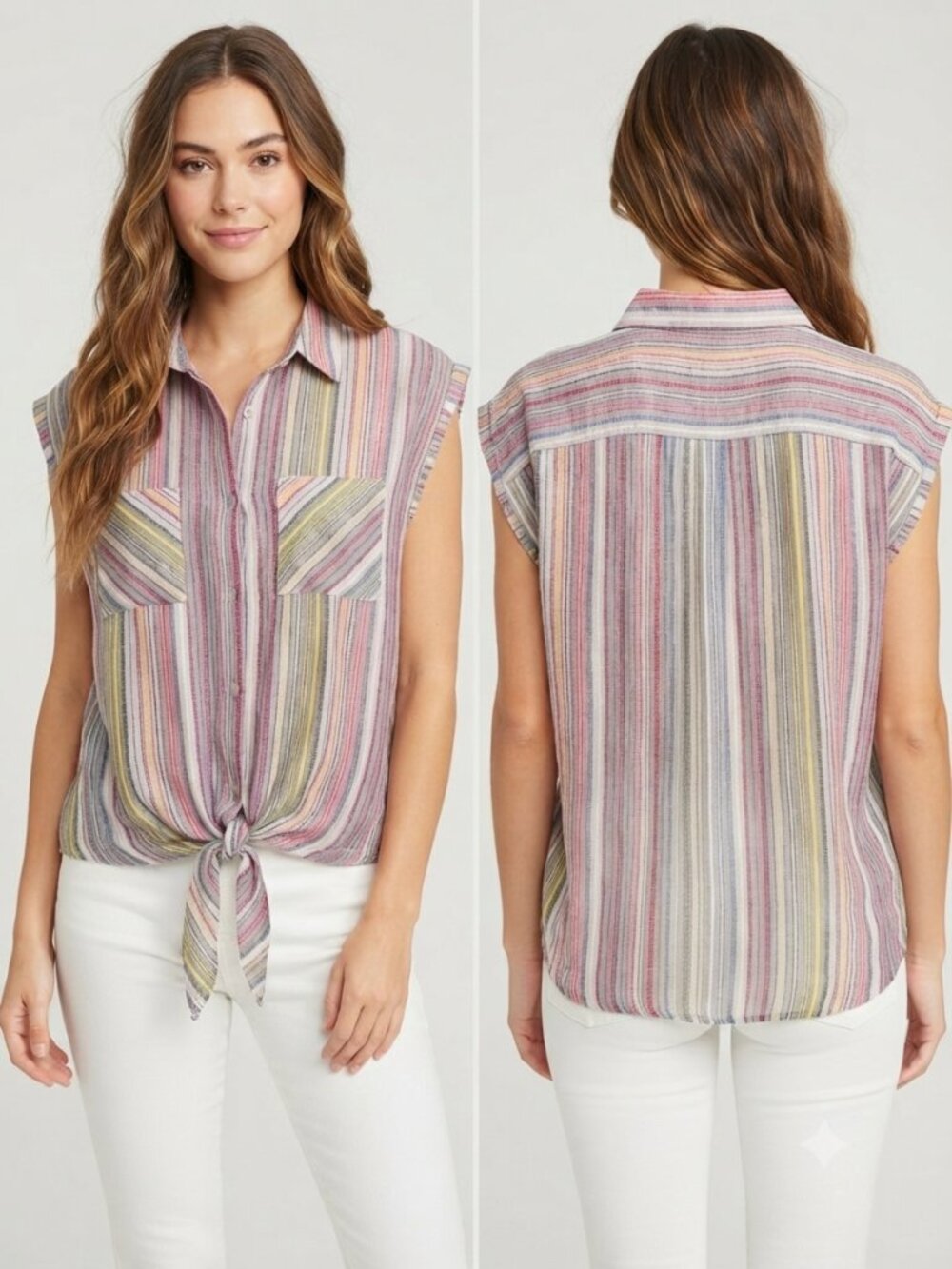 Tea Rose Women’s XL Tie Front Button Down Top Cotton Striped lightweight Shirt
